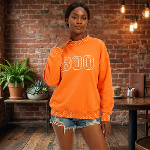 เสื้อสเวตเชิ้ตปักลาย BOO สีส้มสุดฮิตสำหรับผู้หญิง สวมใส่สบาย ลายจุด แต่งสีสันแบบคัลเลอร์บล็อก เหมาะสำหรับฤดูใบไม้ร่วงและฤดูหนาว ชุดวันหยุดสุดเก๋ เสื้อพูลโอเวอร์สำหรับวันฮาโลวีน - Product Image 2