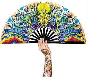 Abanico de mano grande de plástico reactivo a UV de 33 cm, personalizado, con grabado tradicional y estilo musical, ideal para fiestas rave. - Product Image 6