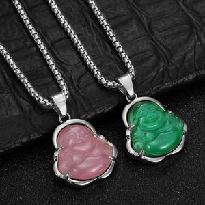 Collar con Colgante de Buda Maitreya, Acero Inoxidable, Engaste de Bisel, Piedra Ojo de Gato, Unisex, Uso Diario - Product Image 2