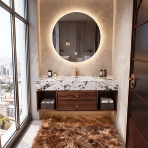 Mueble de Baño de Madera Contrachapada Sólida con Cajones y Estantes Abiertos, Encimera de Piedra, Gabinete de Almacenamiento con Lavabo - Product Image 3