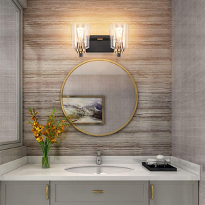 Lámpara de Pared de Diseño Moderno para Baño con Acabado Negro Mate y Latón y Pantalla de Cristal Transparente - Product Image 4