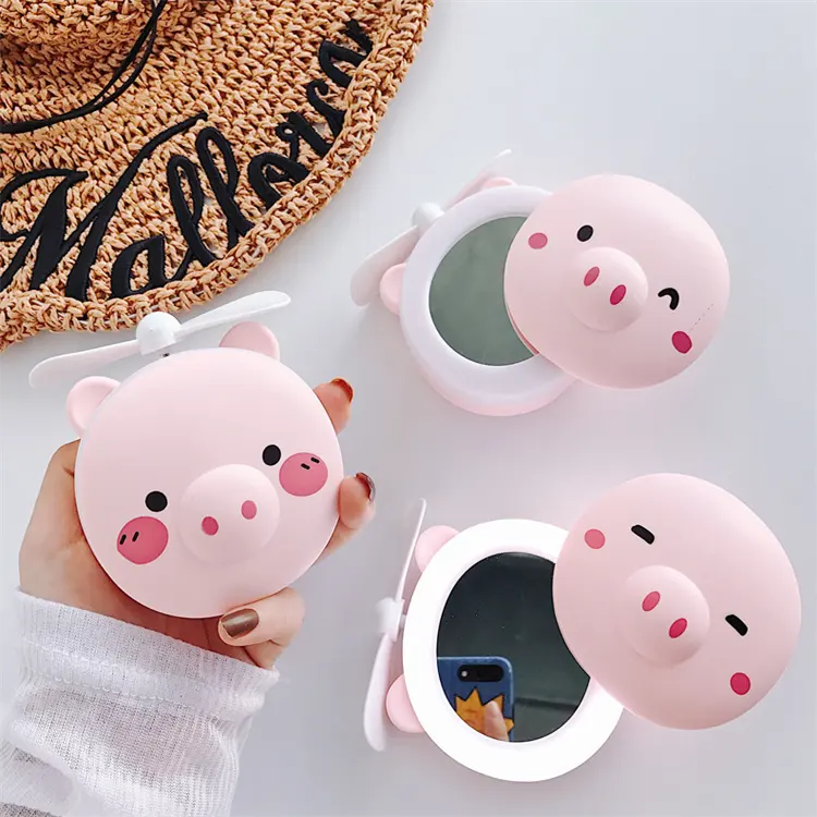 Beleza Recarregável Maquiagem Espelho Piggy Shape USB Fan led Light Mirror Feminino Portable Cosméticos Mini Maquiagem Ferramentas