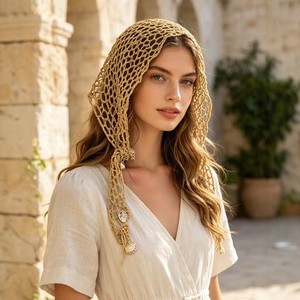 Foulard triangulaire ajouré au crochet pour femme, style bohème, large bandeau, accessoires capillaires pour vacances à la plage, châle en tricot avec coquillages - Product Image 4