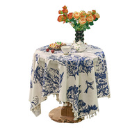 Nappe rectangulaire en coton mélangé à imprimé floral bleu, style vintage français, pour la maison, les dîners et les pique-niques
