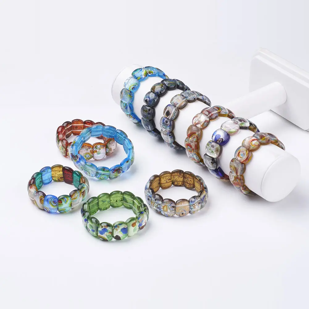 PandaHall Silver Foil fait à la main Millefiori Lampwork Bracelets extensibles en perles