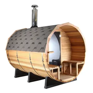 Sauna panorâmica exterior 1.8*2.4m barril de cedro vermelho com fogão a lenha