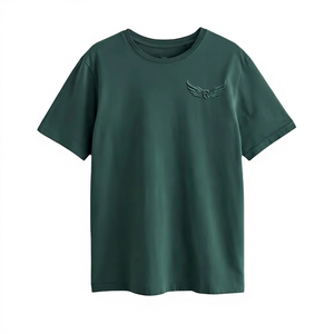 T-shirt décontracté pour homme, vert foncé, avec logo en relief, manches courtes, col rond, coupe classique, respirant, en polyester tricoté - Product Image 1