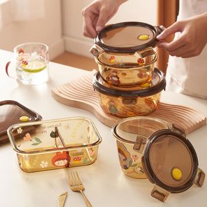 กล่องอาหารกลางวันแก้วอิมอเออร์ทรงกลมลายการ์ตูน ฝาปิดแบบมีซีล ใช้กับไมโครเวฟได้ สำหรับผู้ใหญ่ กล่องเก็บอาหาร - Product Image 5