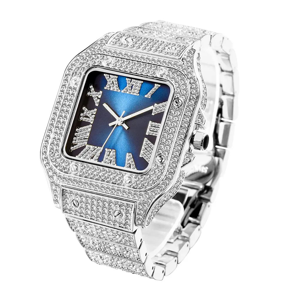 hip hop bule black face ice square diamond watches men Top Brand Luxury AAA Quartz Male WristWatch