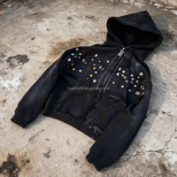 Sudadera con capucha negra con cremallera, con puntos de colores y efecto desgastado, con logotipo personalizado, Strategic Factory OEM ODM Private Label Y2K Heavyweight Bulks Pro