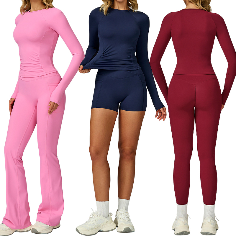 TZ2030 Women Two Piece Long Sleeve Yoga Set High Waist Elastic Bottom with Pockets Sports Wear Match Casually