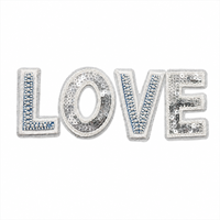 Patch Appliqué LOVE en Denim Bleu, Perles et Paillettes Argentées, Décoration Brodé à Coudre pour Vestes, Sacs et Projets DIY