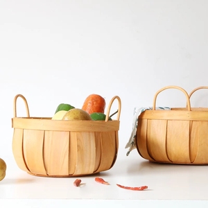 Petit <span class=keywords><strong>pochoir</strong></span> de pomme rond boisseau panier de rangement de cadeaux en bois panier de rangement de copeaux de bois tissé à la main panier suspendu au mur - Product Image 4