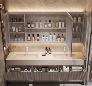 High end double layer slate bathroom cabinet double sink smart led mirror cabinet for hotel home - Product Image 6