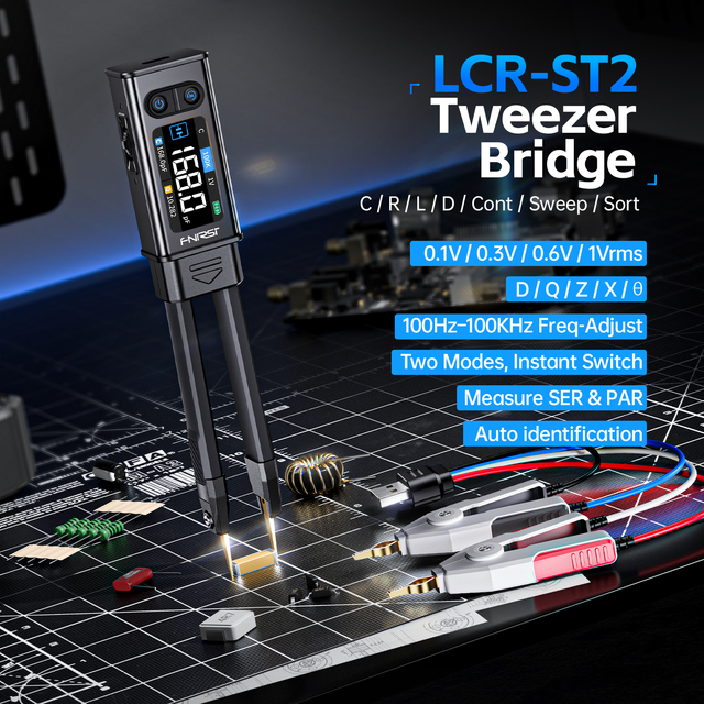 FNIRSI LCR-ST2 Mini Smart Tweezer Capacitance Inductance Resistance Diode Continuity Tool 30V Voltage Supports Kelvin Clip