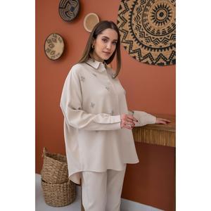 Conjunto de Camisa Beige para Mujer, Manga Larga, Corduroy, Adornado con Pedrería, Ropa Casual - Product Image 3