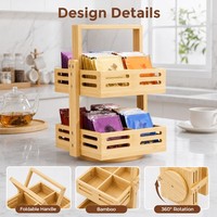 Organisateur de sachets de thé rotatif en bambou à 2 niveaux avec poignée pliable pour comptoir de cuisine et station à café