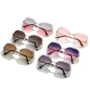 Wholesale rimless uv400 polarized oversized female designer 2023 woman luxury fashion shades ladies sun glasses women sunglasses
