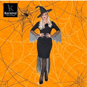 Vestido de bruja de encaje negro gótico ODM al por mayor con sombrero disfraz de película y TV para fiesta de Halloween para mujer - Product Image 1