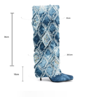 Denim genou-bottes bout carré chaussures à talons hauts 2023 nouvelle mode hiver printemps jean bottes Argyle fourrure pour femmes et dames PU