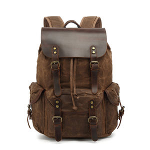 Mochila de lona de cera Retro Unisex con cuero de <span class=keywords><strong>Caballo</strong></span> Loco doble hombro portátil computadora <span class=keywords><strong>y</strong></span> cubierta de <span class=keywords><strong>libro</strong></span> para viajes - Product Image 1