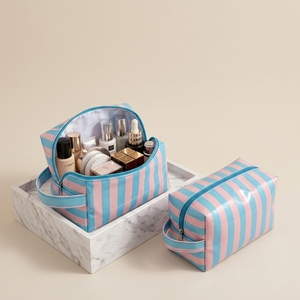 Sac cosmétique rayé en PVC imperméable grande capacité, sac à main portable, organisateur <span class=keywords><strong>de</strong></span> voyage – Meilleures ventes - Product Image 3