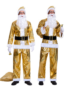 Costume Cosplay de Père Noël Doré pour Homme Adulte Costume de Noël Haut en Peluche Pantalon Chapeau Barbe Ensemble Complet Costume d'Halloween de Vacances 2025 - Product Image 1