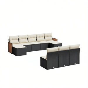 Ensemble de salon de jardin en rotin blanc crème et noir, 6 places, mobilier d'extérieur, design contemporain, structure en teck - Product Image 1