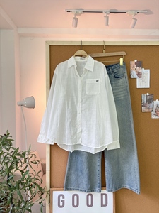 L451 <b>Women's</b> <b>Oversized</b> <b>Linen</b> <b>Shirt</b> with Basic Letter Embroidered Pocket Loose Fit Casual Spring Summer White Blue Yellow Red - Product Image 5