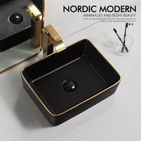 Lavabo de salle de bains en porcelaine moderne, vaisselle sanitaire, lavabo de salle de bains en céramique noir et or mat, lavabo artistique en or