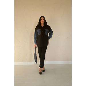 Chaqueta Vaquera Negra con Ribete en Color de Contraste, 100% Algodón, Abrigo de Moda para Mujer - Product Image 5