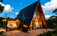 Cabine triangulaire moderne en acier léger préfabriquée, villa intelligente à 3 chambres, alimentée à l'énergie solaire, écologique, portable, salon, parc