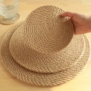 Japanese Style Dining Table Mat Heat Resistant Woven Cotton Rope Linen Placemats Non-Slip Holder Rattan Cup Coasters Pad