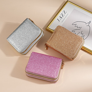 Porte-cartes accordéon en PU pour <span class=keywords><strong>femme</strong></span>, portable et tendance, avec double fermeture éclair, motif ciel étoilé scintillant, multi-fentes pour cartes, porte-carte d'identité, <span class=keywords><strong>portefeuille</strong></span> - Product Image 1