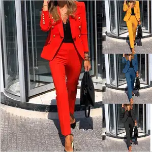 Venta al por mayor chaqueta simple-KON806-Chaqueta ajustada de doble botonadura para mujer, ropa formal de oficina, pantalón, dos piezas, trajes de negocios