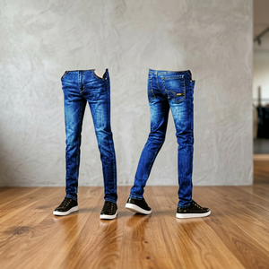 Customize <b>Men</b> Denim Straight Casual Slim Fit <b>Stretch</b> Jeans with Zipper Fly Closure Stone Wash Mid Waist Rivets - Product Image 1