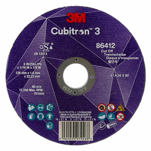 Disque <span class=keywords><strong>de</strong></span> découpe 3M 86412 Cubitron 3 36+ T41 125 mm x 1,6 mm x 22,23 mm (5*1/16*7/8 po) EN 25/Paquet 50 unités/Boîte - Product Image 1