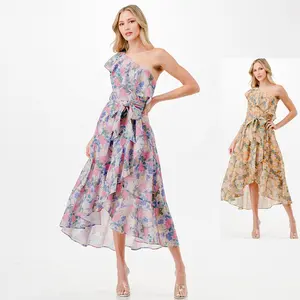 Été 2024 Fashion Design polyester imprimé épaules dénudées volants coton robe florale maxi femmes