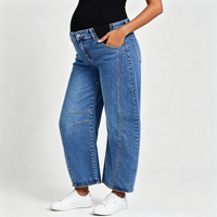 Celana Jeans Ibu Hamil Model Side Panel, Longgar, Bahan Denim Stretch, Kasual, Nyaman Dipakai Sehari-hari