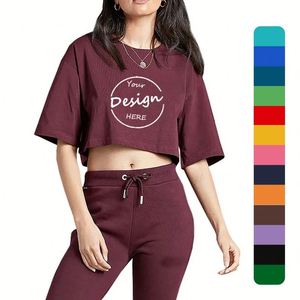 T-shirt court d'été en coton de haute qualité avec logo personnalisé OEM, brodé, coupe oversize, col rond, pour femmes, avec ourlet brut - Product Image 1