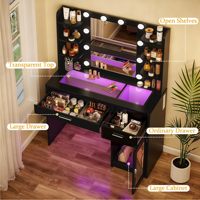 Coiffeuse noire avec miroir LED, plateau en verre, tiroirs de rangement et grand meuble en verre trempé pour chambre à coucher