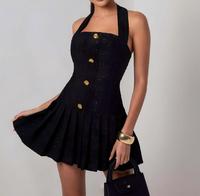 Robe Courte Femme Col Halter avec Anneau Doré, Froncée, Tissée Texturée, Coupe Trapèze, Couleur Unie, Sans Manches, pour Soirée, Été, Club, Vente en Gros, OEM