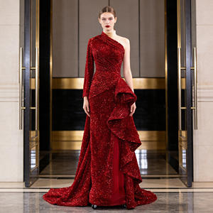 Red One Shoulder Sequined Mermaid Natural Sweep Evening Party <strong>Dresses</strong> For Classic Wedding Gowns For Women - Product Image 1