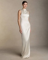 Robe de mariée sirène en satin sans manches à col montant LM R12, simple et élégante, ajustée, avec traîne longue amovible pour mariage