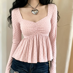 Top de manga larga con estampado de lunares y busto plisado, estilo dulce y femenino, top holgado en línea A, rejuvenecedor y versátil - Product Image 1