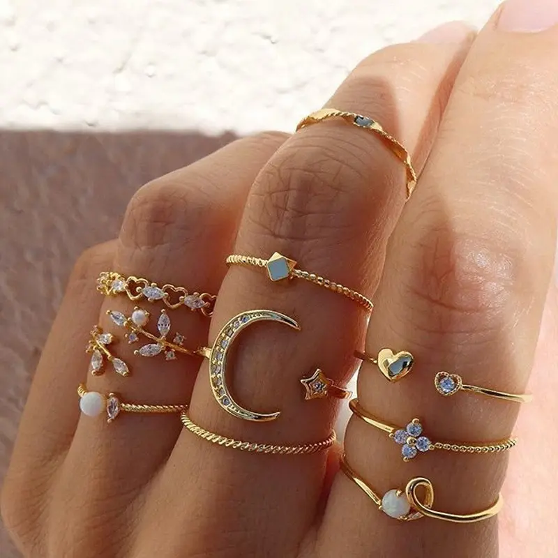 Aa00103 conjunto de joias, 10 peças/conjunto, estrela, lua, anel de diamante, boêmia, feminino, strass, anel articulado