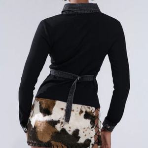 เสื้อเชิ้ตผู้หญิงลำลอง คอปกพับ แขนยาว ตกแต่งผ้าเดนิม  รับผลิตตามแบบ พร้อมสกรีนโลโก้ - Product Image 2