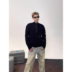 Suéter de Punto con Cuello Henley de Dos Piezas para Hombre, Suéter Holgado con Cuello Medio Alto Acanalado para Otoño e Invierno, Camiseta Interior - Product Image 5