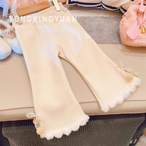 Tongxingyuan Girls Knitted Wide Leg Pants With Bow And Lace Trim Winter Casual Pants For Children Solid Color Cotton Fabric - Product Image 5