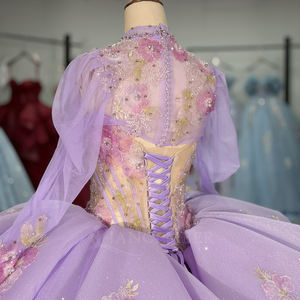 Robe de bal de Quinceañera en mousseline de soie lilas Dy1398, épaules dénudées, taille naturelle, appliques en dentelle douce, perles pour - Product Image 5